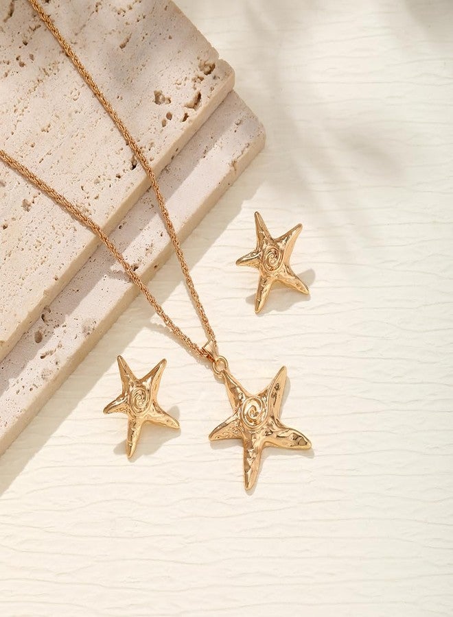 Thalireth 2Pcs Starfish Earrings Necklace For Women Gold Star Swirl Pendant Necklace Summer Beach Beachy Stainless Steel Non Tarnish Waterproof Jewelry Set - Image 4